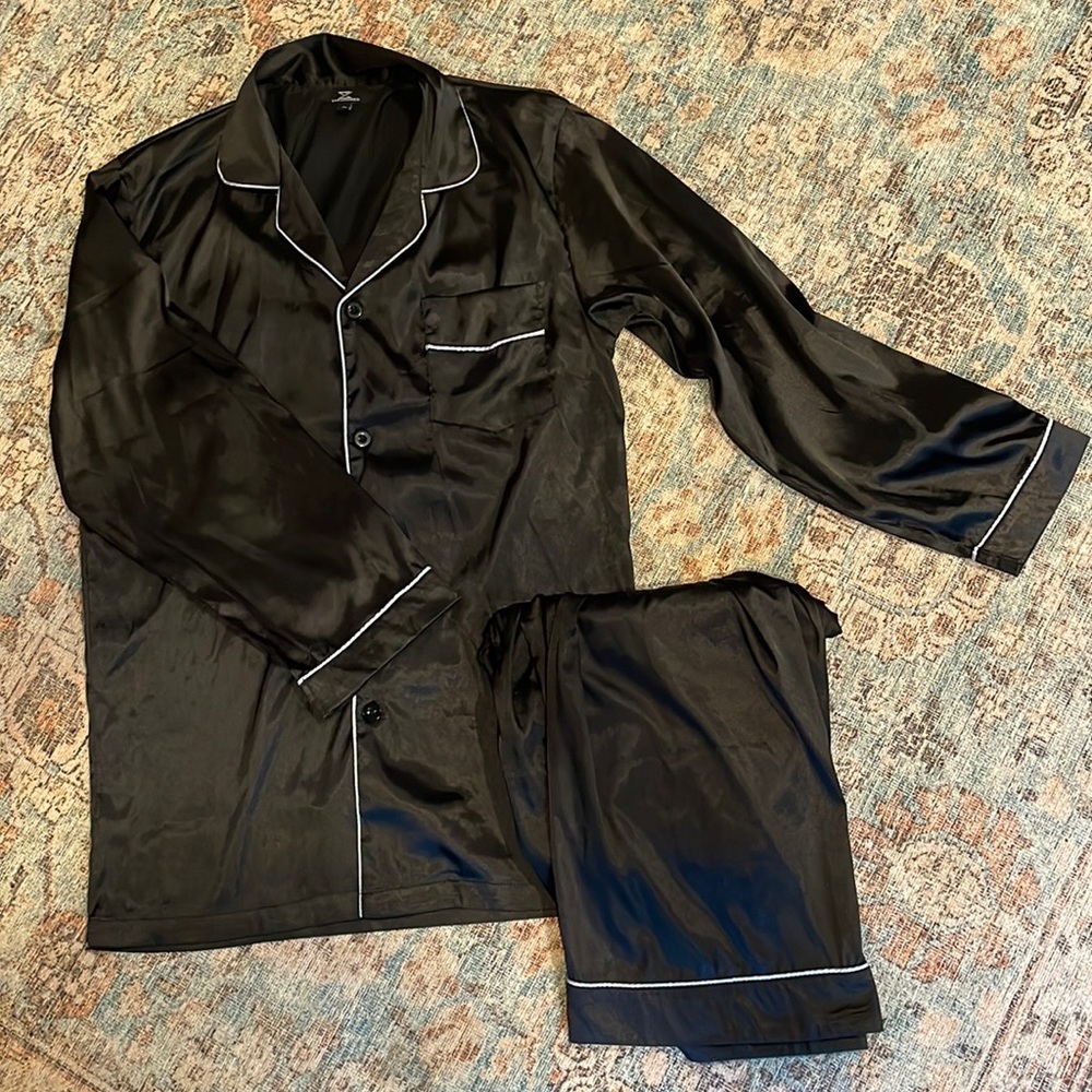 Silky black pajama matching set white piping button down unisex size medium